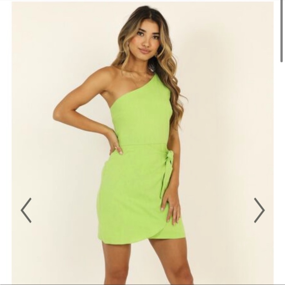 Showpo One shoulder lime green tie dress, size US 6 (AU10)